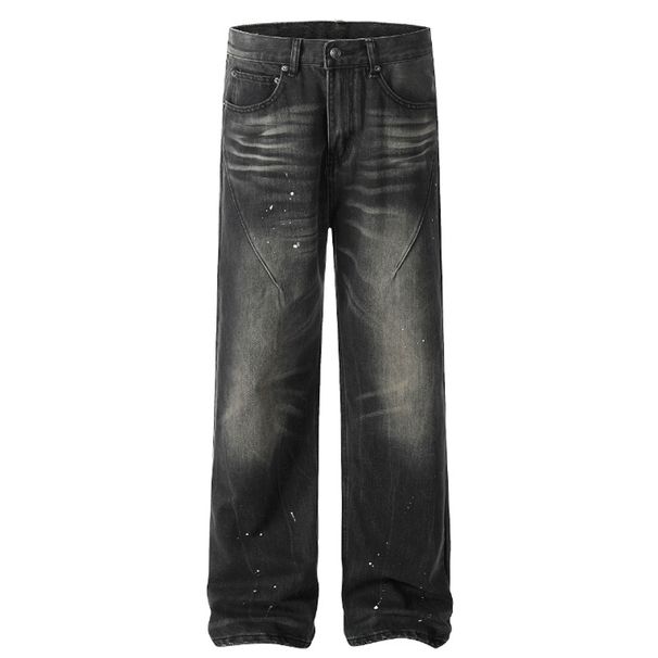 Men's Clothing Ink Splashed Design Distressed Retro Straight Jeans Street Fashion Loose Washed Casual Trousers_mkmklike.com