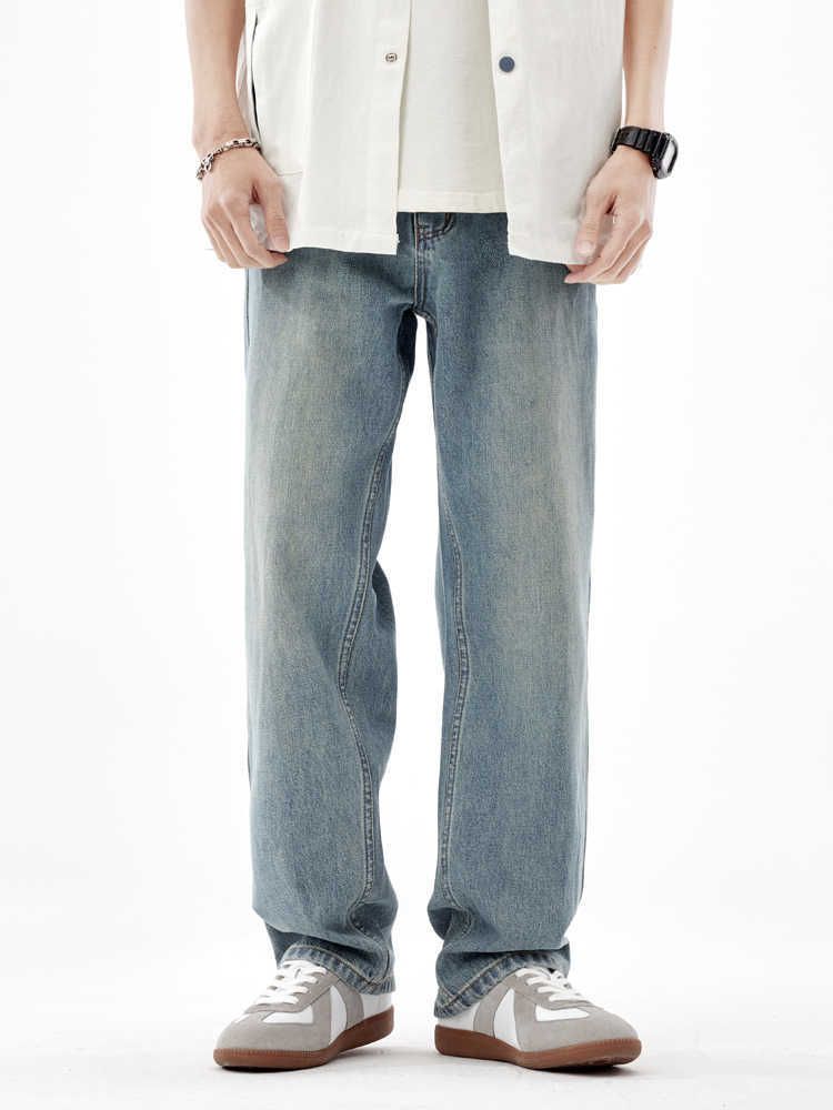Men's Light Wash High Street Jeans Relaxed Straight Fit Vintage Washed Wide Leg Trousers Casual Wear_mkmklike.com