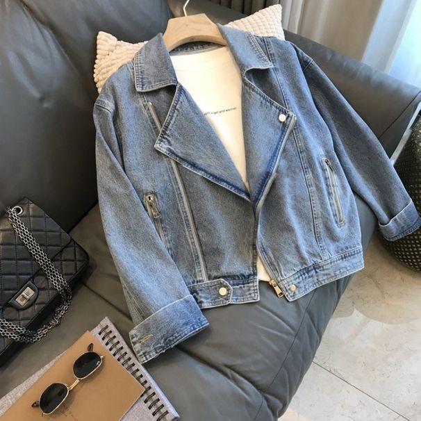 Women's Clothing Vintage French Denim Jacket - Oversized Casual Blouse With Classic Lapel, Long Sleeve, Comfortable Polyester Blend (Blue, S/M/L/XL)_mkmklike.com