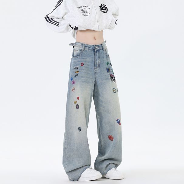 Cartoon Print Denim Jeans For Men – Loose Straight Leg Pants | Trendy Casual Streetwear With Graphic Art_mkmklike.com