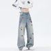 Cartoon Print Denim Jeans For Men – Loose Straight Leg Pants | Trendy Casual Streetwear With Graphic Art_mkmklike.com