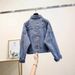 Women’s Distressed Denim Jacket – Oversized Light Blue Jean Jacket With Beaded Embroidery, Long Sleeve Casual Coat (S-2XL)_mkmklike.com