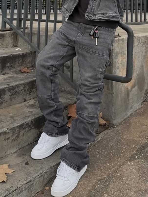 Men's Gray Distressed Denim Jeans High Street Vintage Washed Slim Bootcut Pants With Button Details_mkmklike.com