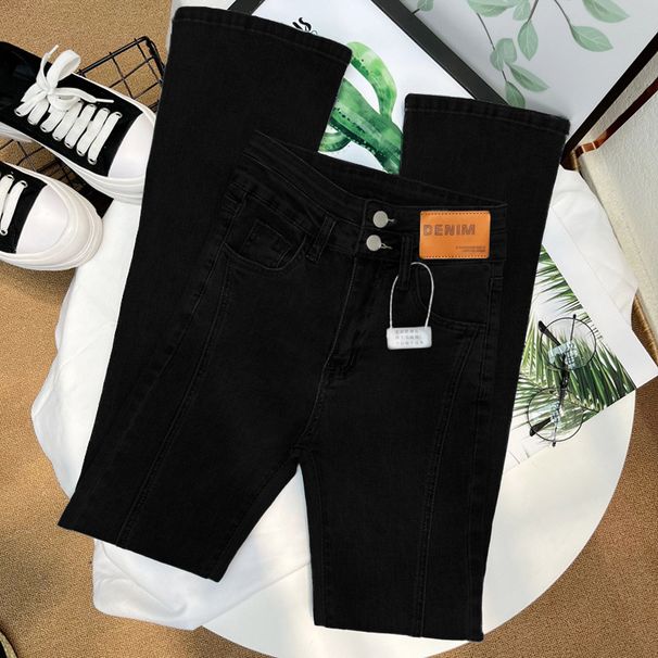 High-Waisted Retro Style Split Flared Jeans For Women Stretchy Slim Fit Straight Leg Floor-Length Unique Design_mkmklike.com