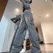 Men's Trendy Washed Distressed Multi Pocket Cargo Jeans, Loose Straight Leg Wide Leg, High Street Style, American Retro._mkmklike.com
