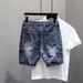 Large Size Blue Denim Shorts, Haren Straight Leg Loose Fit Five Quarter Pants, Heavy-duty Washed And Worn Horse Pants_mkmklike.com