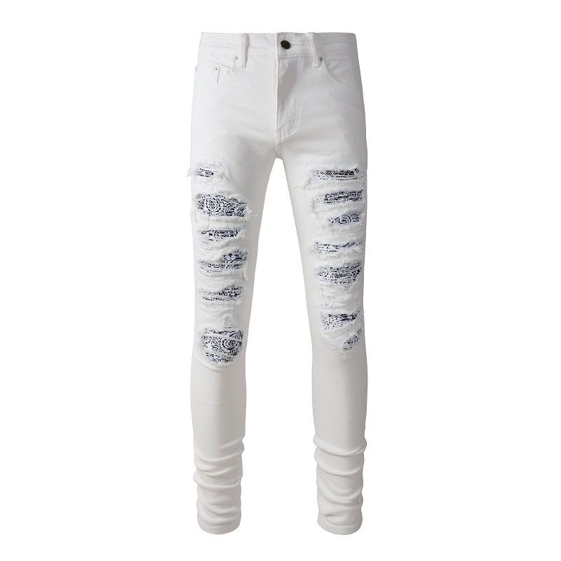 Men's Clothing High Street Fashion White Slim Elastic Hole Patch Jeans_mkmklike.com