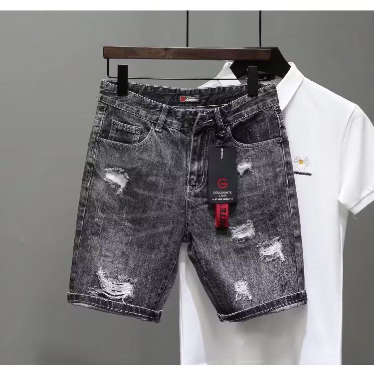 Denim Shorts Men's Instagram Summer Thin Korean Version Trendy Slim Fit Black Gray Beggar Scratch Hole Five Piece Pants_mkmklike.com