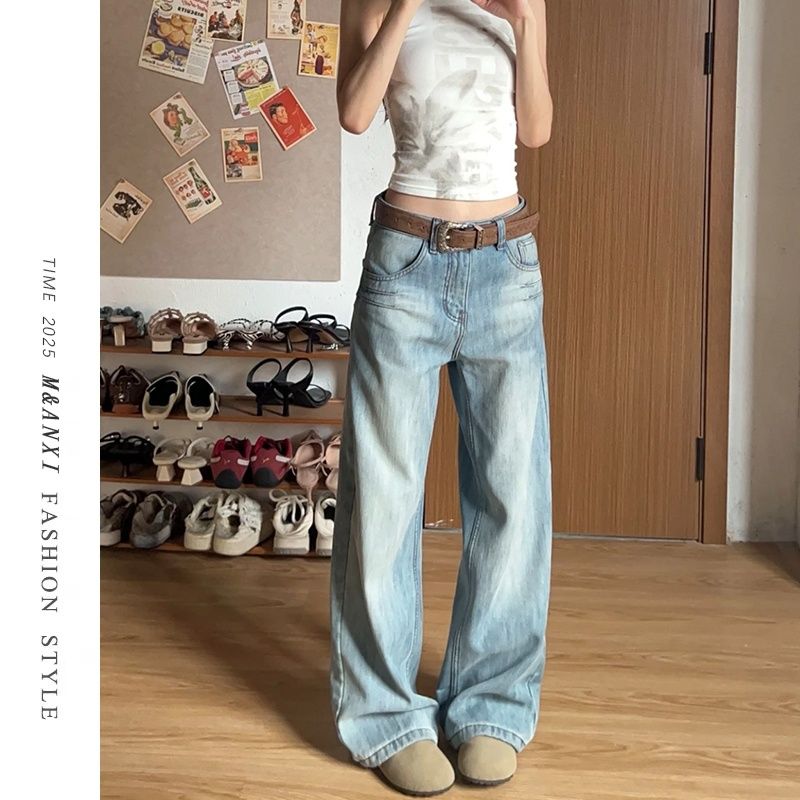 Women's American-style Washed Blue Straight-leg Jeans, New Autumn High-waisted Loose Slimming Distressed Wide-leg Pants_mkmklike.com