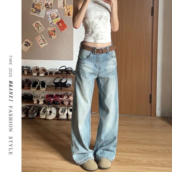 Women's American-style Washed Blue Straight-leg Jeans, New Autumn High-waisted Loose Slimming Distressed Wide-leg Pants_mkmklike.com