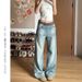 Women's American-style Washed Blue Straight-leg Jeans, New Autumn High-waisted Loose Slimming Distressed Wide-leg Pants_mkmklike.com