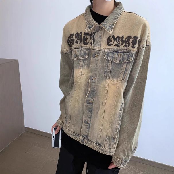 Yellow Mud Washed Denim Men's Spring And Autumn Fashion Brand Vintage American Loose Casual Lapel Workwear Jacket_mkmklike.com