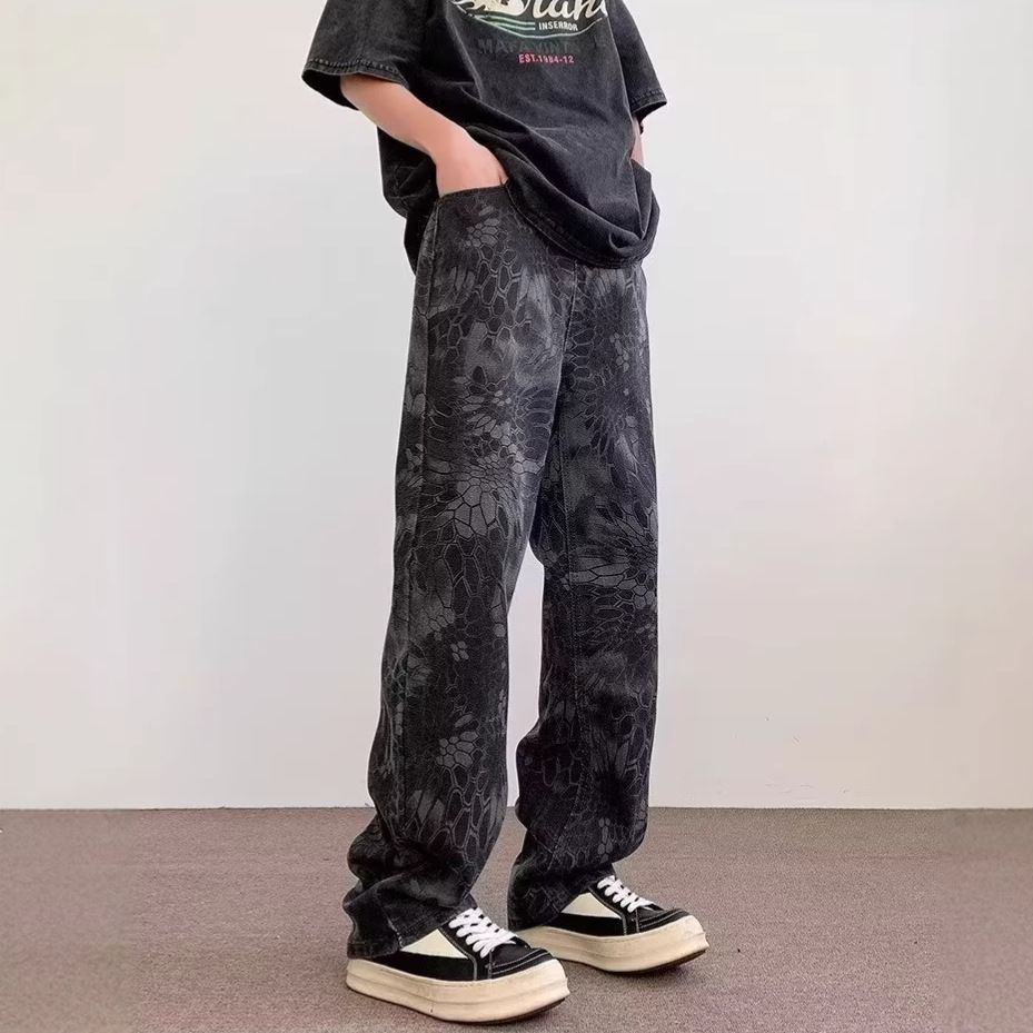 Unisex Snake Print Camouflage Loose Fitting Straight Wide Leg Casual Jeans High Street Trendy Fashionable Men's Denim_mkmklike.com