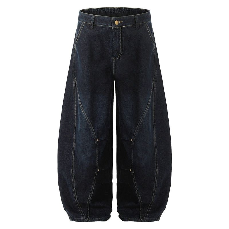 Woven Banana Fit American Retro Washed Deconstructed Scimitar Jeans For Men And Women, Loose Dark Blue Sickle Pants_mkmklike.com