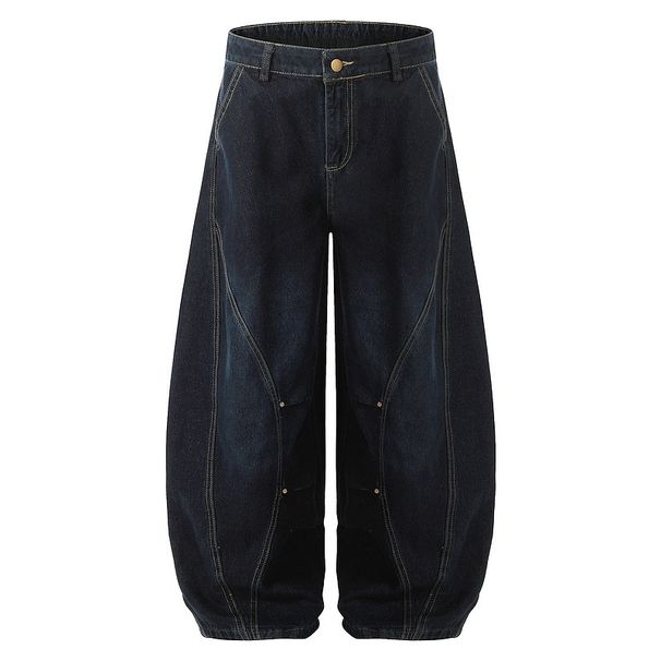 Woven Banana Fit American Retro Washed Deconstructed Scimitar Jeans For Men And Women, Loose Dark Blue Sickle Pants_mkmklike.com
