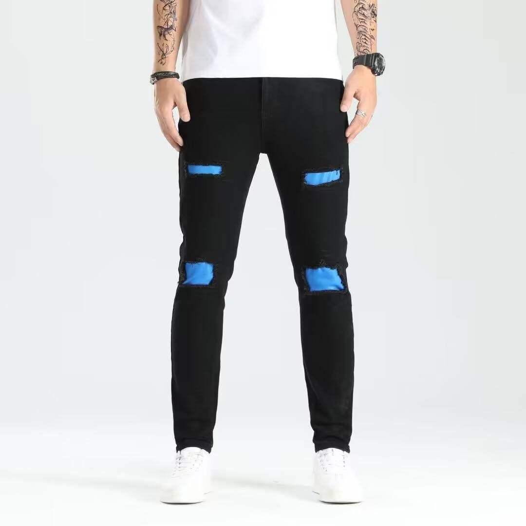Men's Clothing Fashion Versatile Ripped Patch Elastic Slim Trousers Trendy Jeans_mkmklike.com