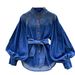 Women's Clothing Retro Tie Waist Stand Collar Lantern Sleeve Long Sleeve Denim Shirt_mkmklike.com