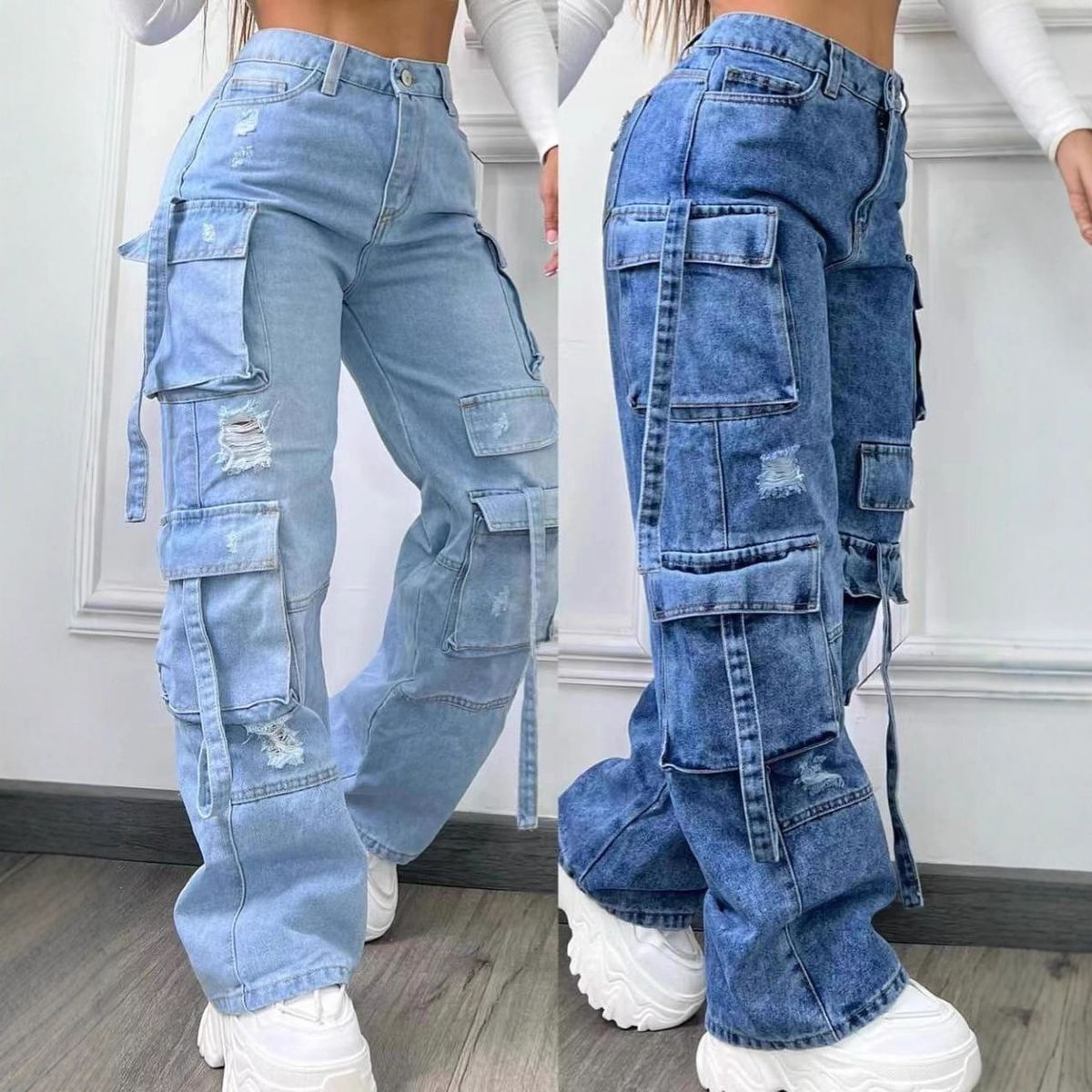 High-Waisted Utility Denim Pants – Oversized Cargo Jeans With Multi-Pockets (Straight-Leg Workwear For Women)_mkmklike.com