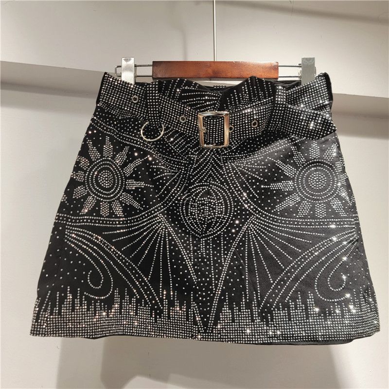 Women's Clothing Duty Rhinestone Sparkling Belt Korean Style High Waist Sequin-Embellished Stretchy Pencil Skirt - Glam A-Line Mini Skirt In Black_mkmklike.com