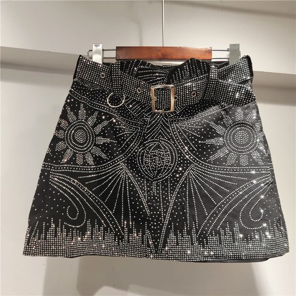 Women's Clothing Duty Rhinestone Sparkling Belt Korean Style High Waist Sequin-Embellished Stretchy Pencil Skirt - Glam A-Line Mini Skirt In Black_mkmklike.com