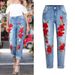 Women's Clothing Elastic Loose Jeans Women's Trousers Colorful Flower 3d Embroidery Ripped Jeans_mkmklike.com