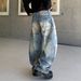 Unisex Distressed Wide-Leg Jeans – Raw Hem Mud-Dyed Denim With Asymmetrical Patchwork, Loose Fit For Streetwear & Grunge Looks (S-3xl)_mkmklike.com