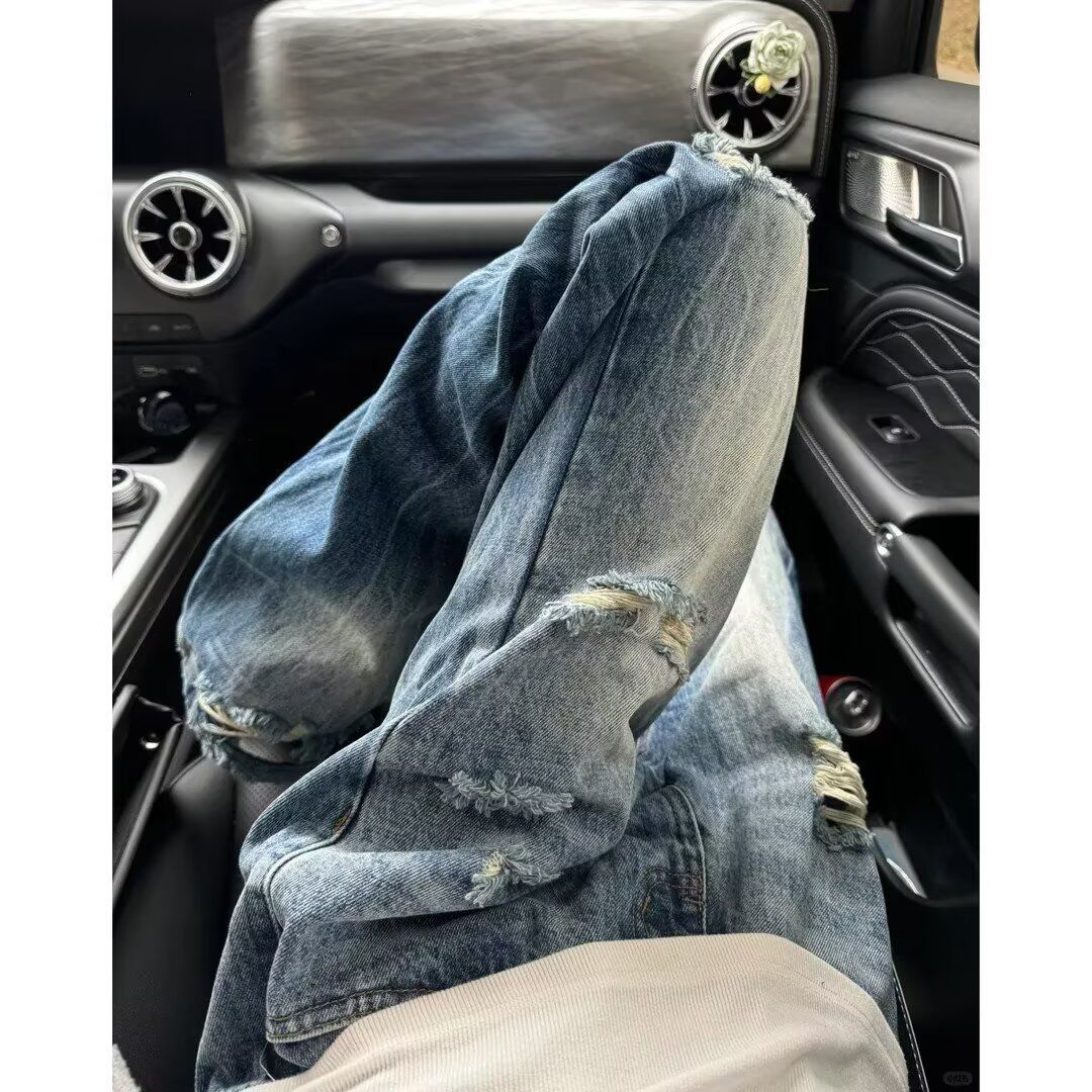 2025 New Washed Light Blue Ripped Jeans For Men, Internet Famous, Summer Slim Fit, Niche American High Street Straight_mkmklike.com