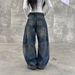 Unisex Retro High Street Distressed Denim Jeans With Patchwork Design, Baggy Straight Leg & Vintage Wash For Urban Streetwear_mkmklike.com