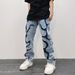 "Vintage Washed Distressed Patchwork Jeans For Men – Blue Denim With Embroidered Patches, Baggy Straight Fit | 90s Hip-Hop & Streetwear Vibe"_mkmklike.com