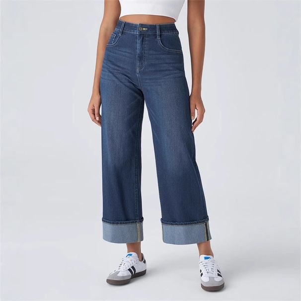 High Waist Straight Leg Jeans For Women - Classic Blue Wide Leg Trousers, Comfortable Stretch Denim Pants For Casual & Office Wear_mkmklike.com