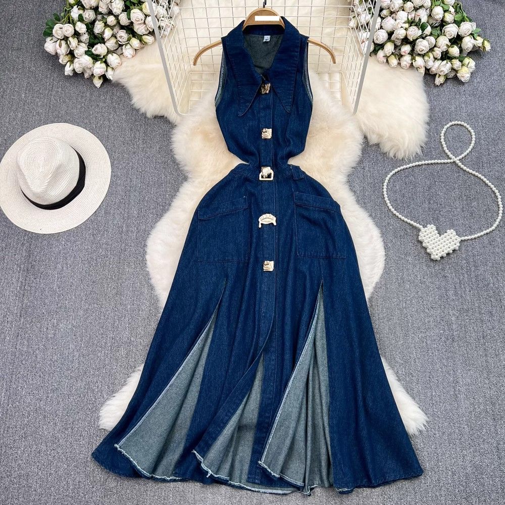 Women's Retro lapel hollow waist exposed waist slimming sleeveless single-breasted A-line slit denim dress casual long skirt_mkmklike.com
