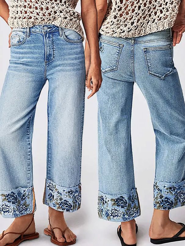 Women's Embroidered Straight Leg Jeans - Mid-Rise Denim Pants With Floral Stitching (5 Sizes, Blue Wash)_mkmklike.com