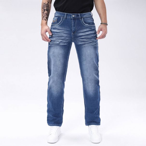 Men's Slim Fit Stretch Jeans - Classic Blue Denim Pants With Embroidered Back Pockets, Comfortable Mid-Rise Lightweight Cotton Blend For Casual Wear_mkmklike.com