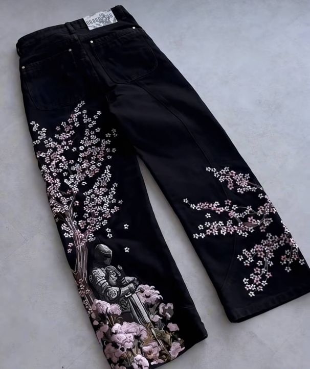 Men's Retro Heavy Duty Floral Embroidered Wide Leg Jeans Midweight Straight Pants High Street Fashion Trousers For Men And Women Hipop_mkmklike.com