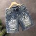 Men's Clothing Street Style Painted Graffiti Denim Shorts Heavyweight Trendy Handsome Scratched Hole Washed Shorts_mkmklike.com