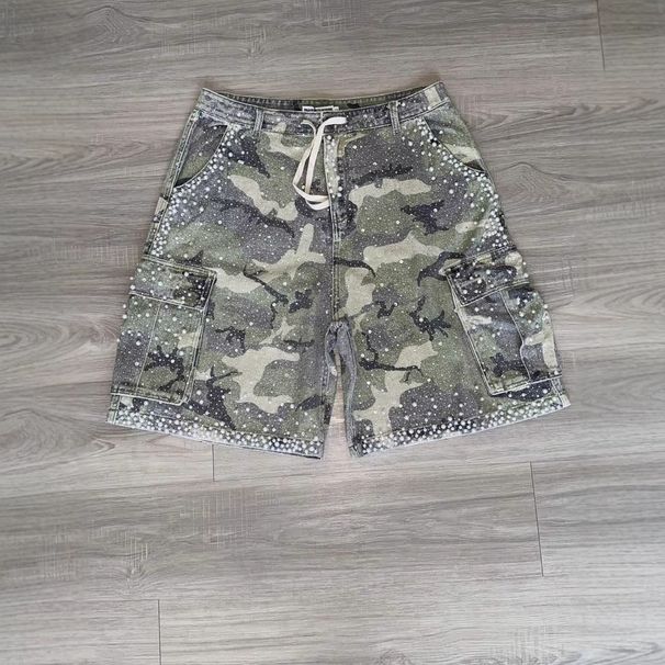 Men's Rhinestone-Embellished Distressed Denim Shorts – Vintage Streetwear (Black/Green, S-2XL) | Retro Hip-Hop Fashion_mkmklike.com