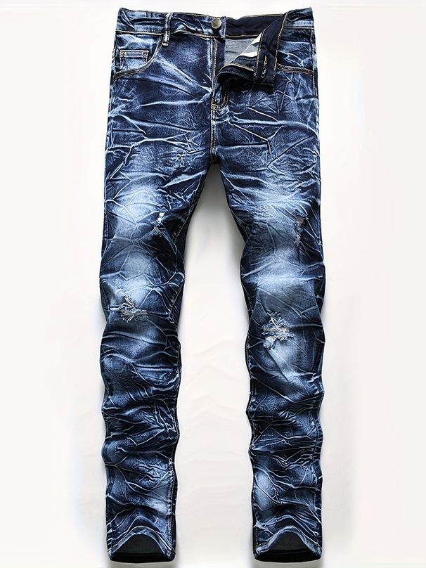 Men's Slim Fit Stretch Jeans – Washed Blue Denim Pants With Distressed Details (Sizes 30-40, High Elasticity, Straight Leg, Unisex Streetwear)_mkmklike.com