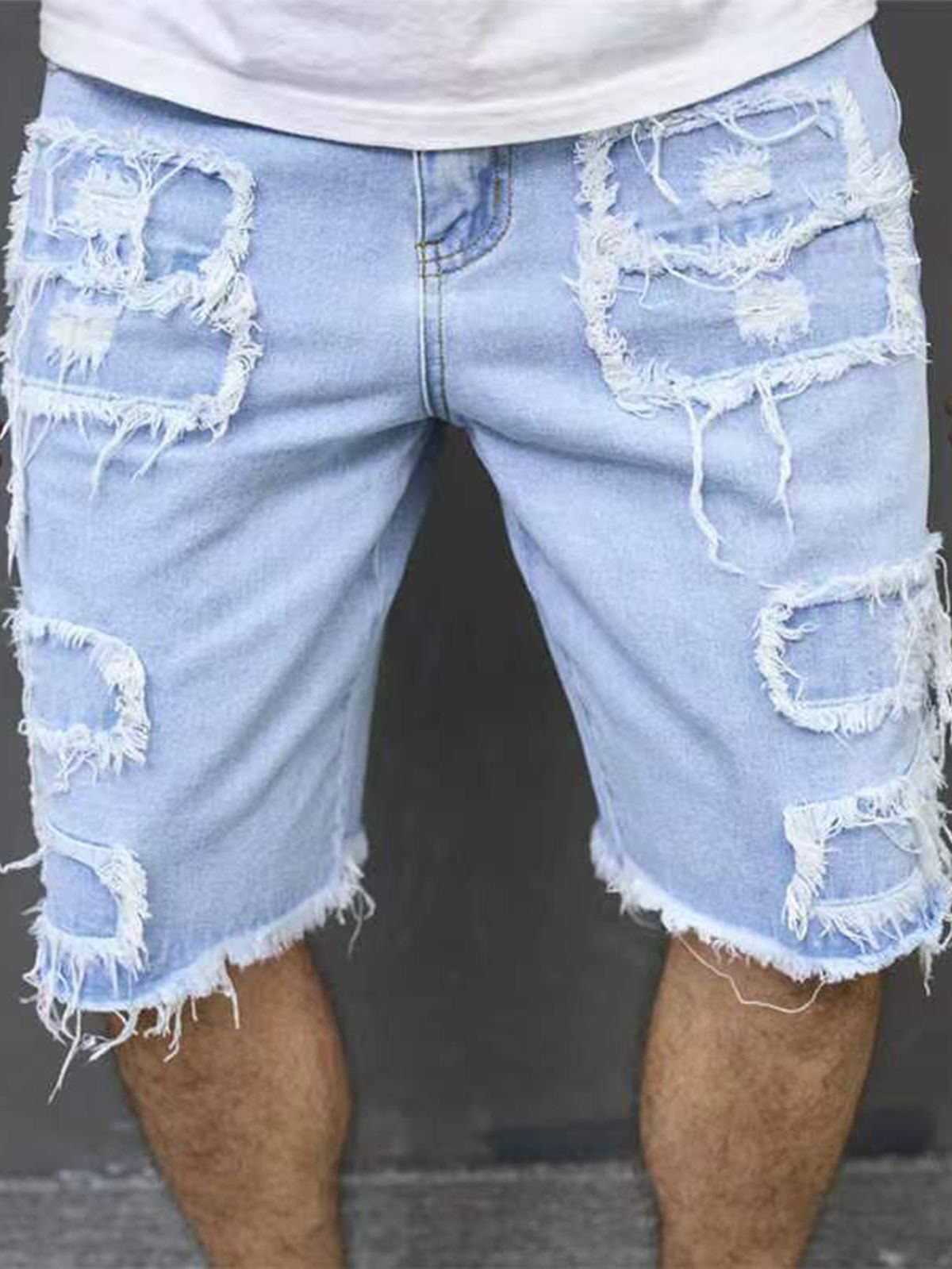 Men's Distressed Denim Shorts – Mid-Length Washed High-Street Cutoffs (Light Blue, 30-40 Waist, Cotton, Straight Leg, Raw Hem, No Stretch)_mkmklike.com