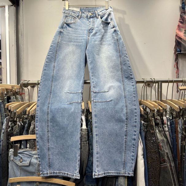 Women's Clothing Versatile Cutting Line Design Scimitar Jeans Spring New High Waist Wide Leg Casual Pants_mkmklike.com