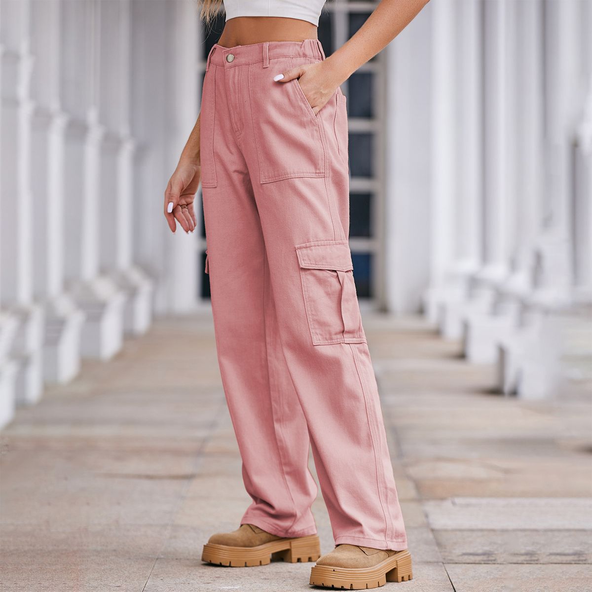 Women's Distressed Denim Cargo Pants With Semi-Elastic Waist - Streetwear Straight-Leg Workwear Pants For Spring_mkmklike.com