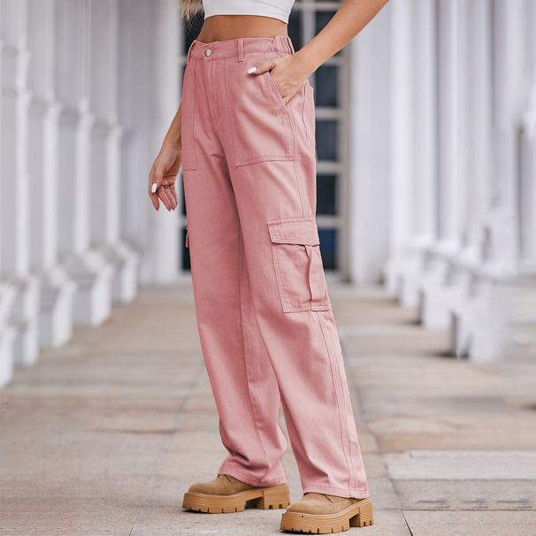 Women's Distressed Denim Cargo Pants With Semi-Elastic Waist - Streetwear Straight-Leg Workwear Pants For Spring_mkmklike.com