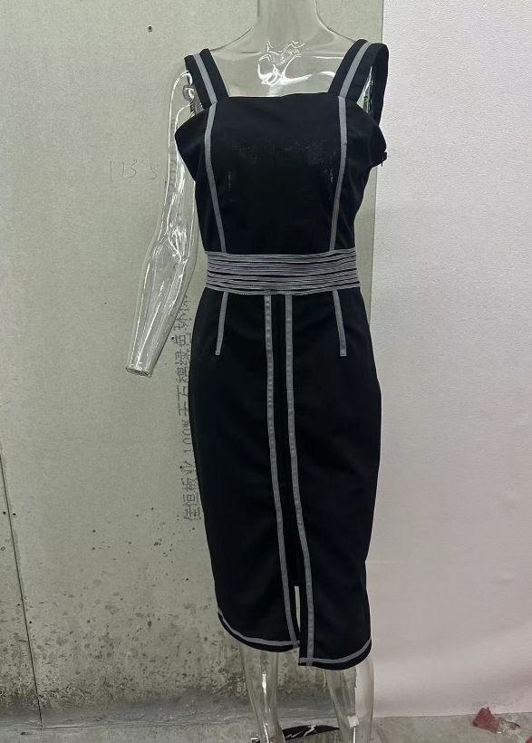 Women's Clothing square collar fashion contrast waist slim slit suspender dress_mkmklike.com