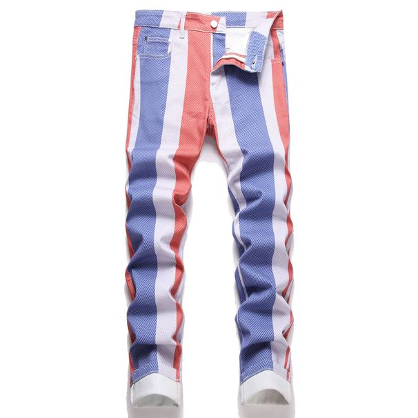 Men's Clothing Fashion Personalized Digital Printing Color Stripe Stretch Denim Trousers_mkmklike.com