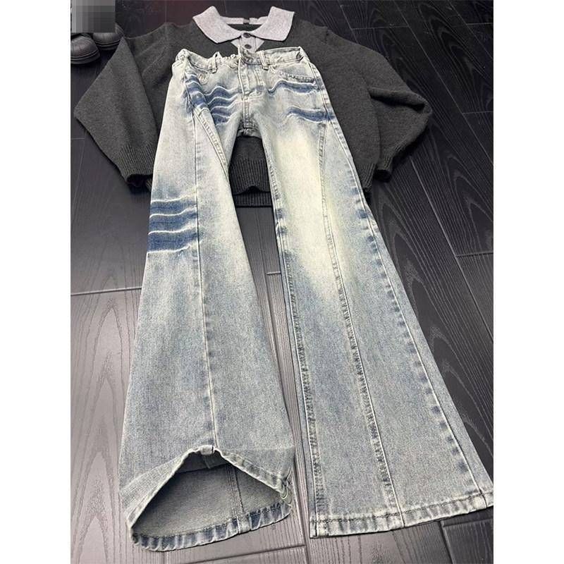 Unisex High Street Flare Jeans With Angled Lightning Design, Slim Fit Vintage Washed Denim Pants For Leg Lengthening Effect_mkmklike.com