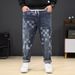 Large Size Men's Checkerboard Elastic Jeans Men's Trendy Brand Multi-functional Drawstring Jeans Men's Small Straight Pants_mkmklike.com