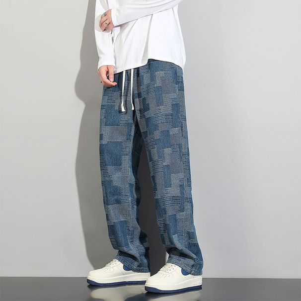 Men's Checkered Jeans - Retro American Style Wide Leg Loose Fit Straight Pants For Big & Tall, Summer & Autumn Casual Trousers_mkmklike.com