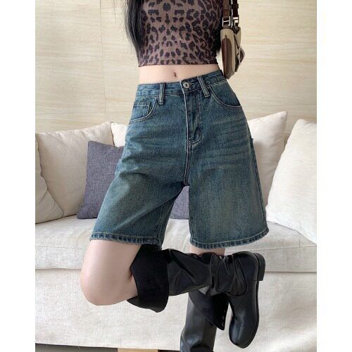Women's Retro Washed Straight Leg Denim Shorts High Waisted Slimming Loose Fitting Distressed mid Length Capri Pants Summer Thin Wide Leg_mkmklike.com
