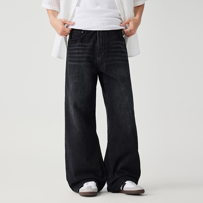 Men's Summer Jeans Trendy American Washed Casual Wide Leg Pants Midweight Cotton Blue Black High Street Fashion_mkmklike.com