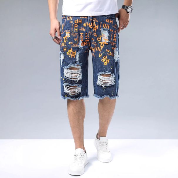 Men's Distressed Denim Shorts Casual Straight-Leg Mid-Length with Random Paint Print for Summer_mkmklike.com