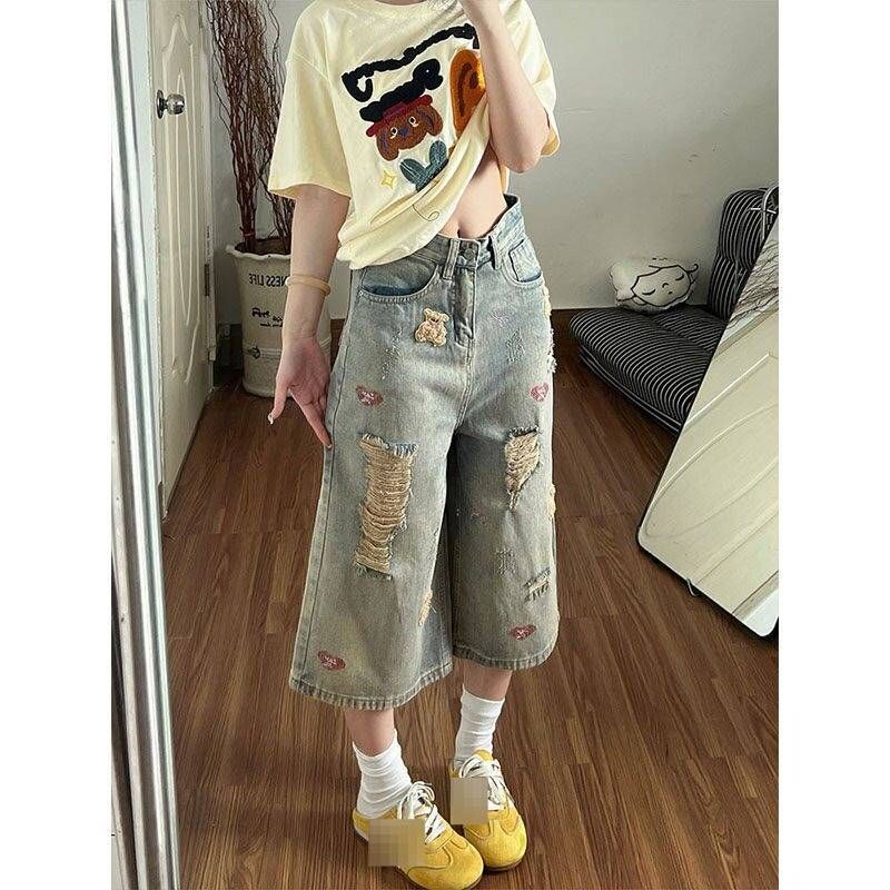 Vintage Bear Embroidery Distressed Jeans For Women – Summer Loose Fit Cropped Denim Pants (Blue, S-5XL, Plus Size & Petite Friendly)_mkmklike.com